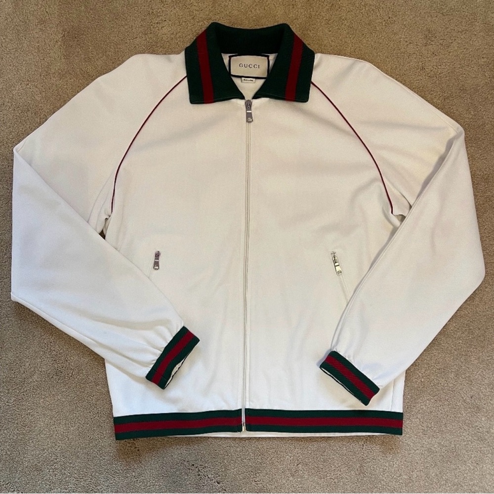 Gucci Ivory Jacket with Crimson and Forest Stripes